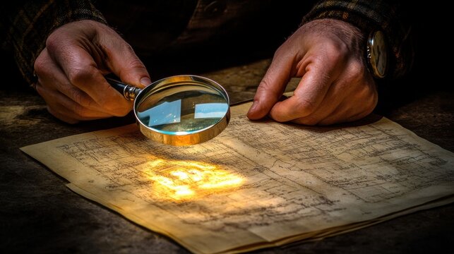 Person examining old ledger pages with a magnifying glass