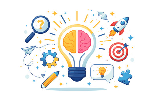 Creative Thinking and Innovation Concept Vector Illustration with Lightbulb Brain Symbol, Magnifying Glass, Rocket, Target, and Gear Icons for Business Success, Problem Solving, and Education.