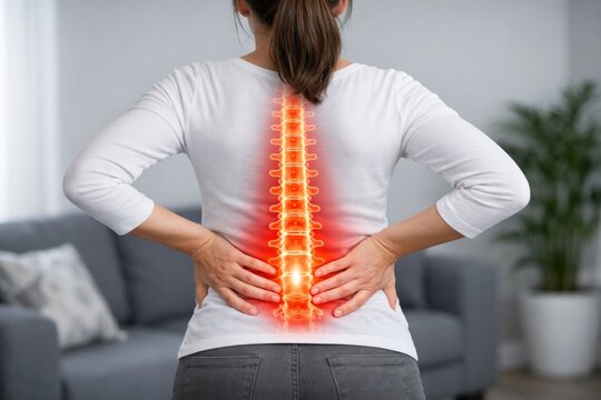Woman holding painful back with highlighted spine concept. Ai generative