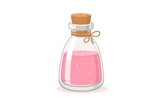 Simple flat vector illustration of a glass bottle with a cork stopper and twine bow, filled with a pink liquid, cosmetic lotion, or magic potion, isolated on white for beauty and wellness.