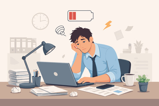 Professional Burnout Concept: Tired Overworked Businessman with Low Energy Battery Icon Working on Laptop at Messy Desk, Overwhelmed Employee Suffering from Stress, Fatigue, and Mental Exhaustion.