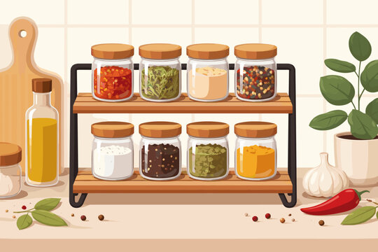 Kitchen spice rack with glass jars containing various seasonings and herbs on a wooden shelf. Flat vector illustration of cooking ingredients like oil, garlic, chili pepper, and bay leaves.