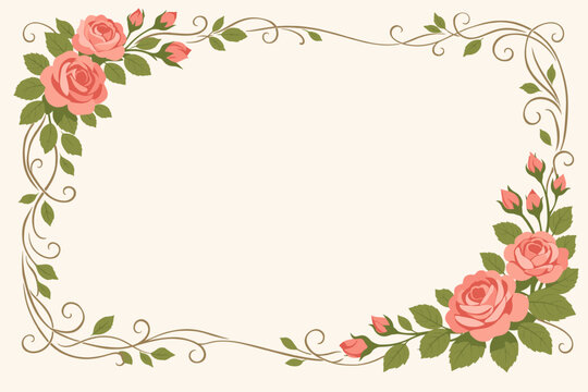 Vintage Art Nouveau Floral Border with Pink Roses and Delicate Vines. Elegant Retro Pattern Corner Frame for Wedding Invitations, Greeting Cards, and Romantic Stationery Background Illustration.