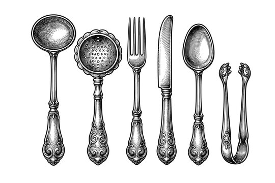 Vintage Silverware Collection in Monochrome Woodcut Style Featuring Ladle, Tea Strainer, Fork, Knife, Spoon, and Sugar Tongs. Hand-Drawn Antique Cutlery Set Illustration for Kitchen and Dining Decor.