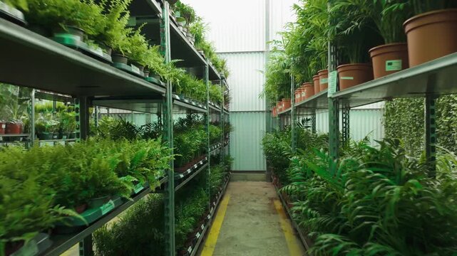 Professional plant nursery greenhouse featuring rows of lush green ferns and potted houseplants organized on metal industrial shelving units for commercial sale and garden distribution