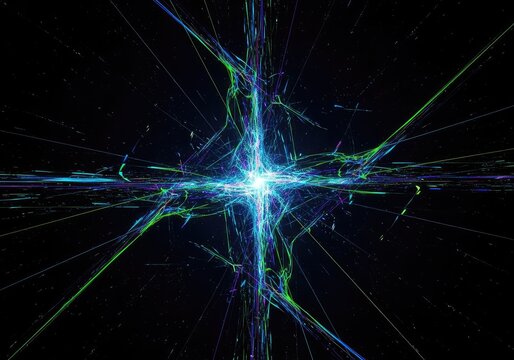 Abstract digital noise and light lines fracturing a deep space, symbolizing the complete erasure and distortion of linear time and reality, non-linear, glitch, future