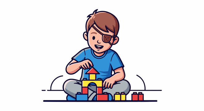 A smiling boy with an eye patch plays with colorful building blocks, creating a small structure