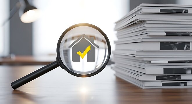 Magnifying glass examining a stack of documents with a house icon and checkmark magnifying documents