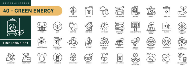 A collection of Green Energy icons set with editable stroke, including renewable energy, ecology and green electricity. Thin linear vector illustration. © Trisula Icons
