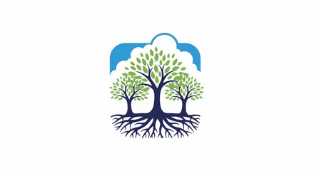 Obraz premium Three trees with roots and blue clouds above