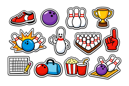 Colorful bowling stickers: pins, balls, shoes, and trophies.