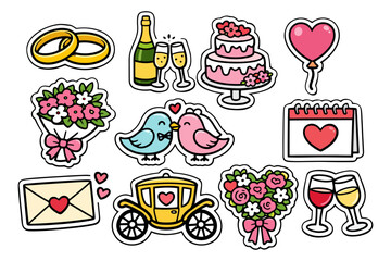 Obraz premium Wedding celebration stickers: rings, cake, bouquets, love birds, heart balloons.