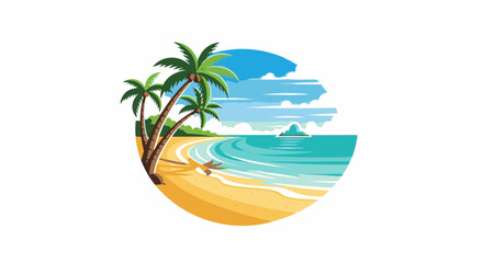 Fototapeta premium Tropical beach scene with palm trees, golden sand, turquoise ocean, and distant island