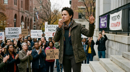 Fototapeta premium Empowered activist delivers powerful speech with megaphone to diverse crowd demonstrating for justice, equality, and end to discrimination on city streets.