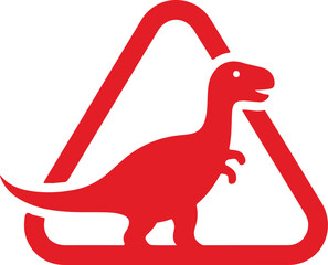 Fototapeta premium Red silhouette of a dinosaur inside a warning triangle, representing danger or caution.