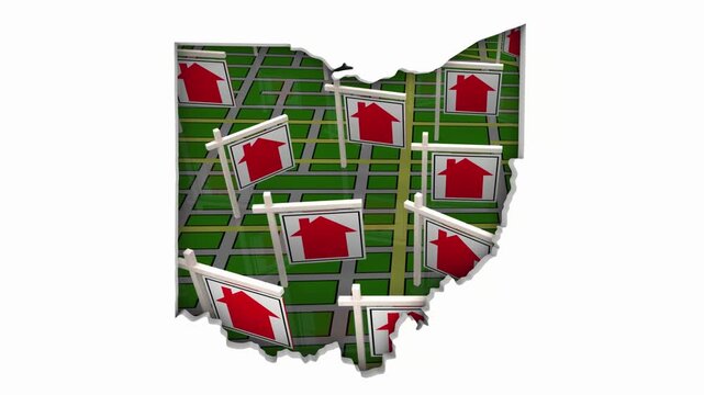 Ohio OH Cleveland Real Estate Market Homes Houses For Sale Signs Map Move Relocate 3d Animation