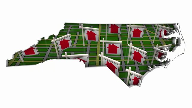 North Carolina NC Real Estate Market Homes Houses For Sale Signs Map Move Relocate 3d Animation