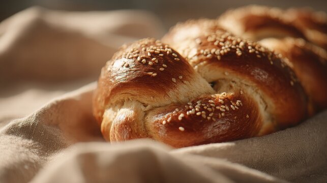Close-up of a freshly baked, glossy, braided challah bread loaf generously topped with sesame seeds on a textured surface.