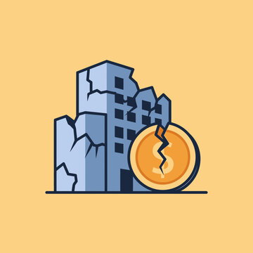 Cracked coin beside damaged buildings.