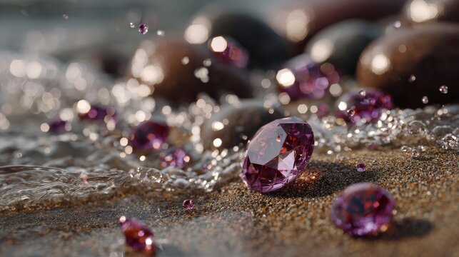 Gems and stones lay on wet sand near water during bright daylight with splashes all around