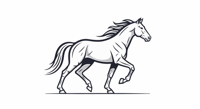 Stylized black and white illustration of a dynamic horse in motion