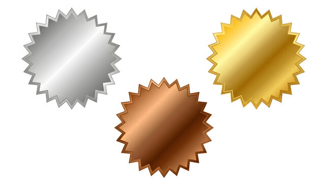 Three shiny metallic badges in gold, bronze, and silver on a white background