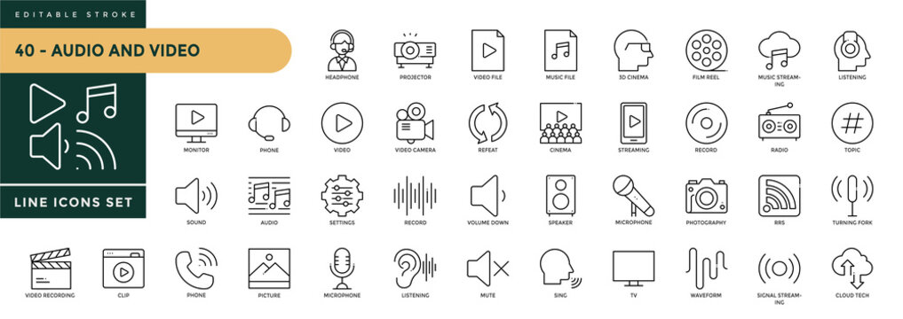 A collection of Audio and Video icons set with editable stroke, including camera movie, voice, radio, music streaming, photography, headphones, cinema, podcast. Thin linear vector illustration.
