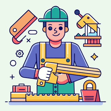 Carpenter illustration holding a saw with tools and equipment