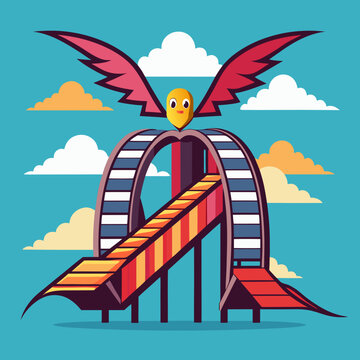 Cartoon bird with wings on a rollercoaster ride