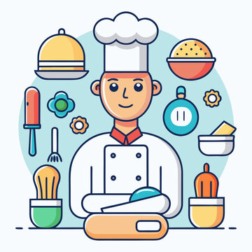 Cartoon Chef With Kitchen Tools And Food Items