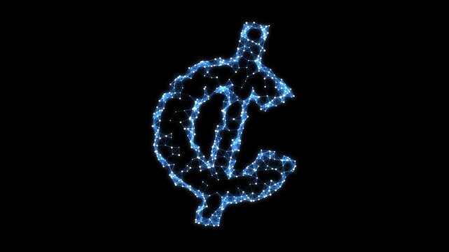 Abstract Geometric Blue Cent Symbol Pulsating on Black Background, Animated Financial Currency Particles Network Motion Graphics Seamless Loop, 4K