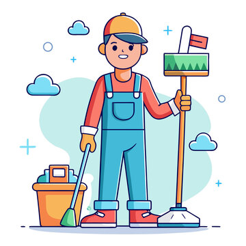 Cartoon Cleaner With Broom and Mop