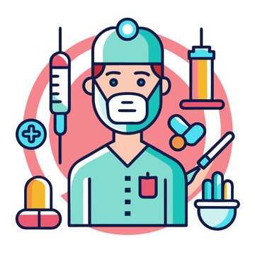 Cartoon Surgeon With Medical Instruments And Supplies