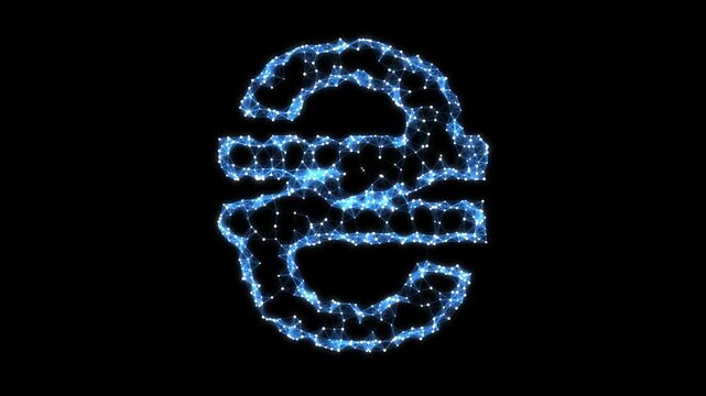 Abstract Geometric Blue Ukrainian Hryvnia Symbol Pulsating on Black Background, Animated Financial Currency Particles Network Motion Graphics Seamless Loop, 4K