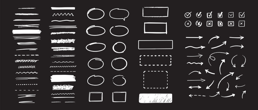 Hand drawn marker simple elements set. Grunge doodle underlines, check boxes, arrows and shapes. Vector illustration isolated on black background.