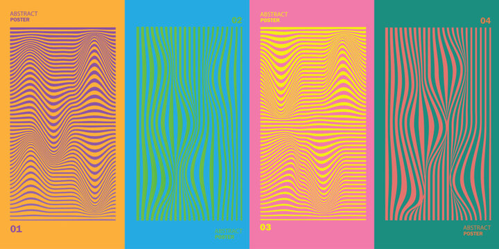 Vibrant abstract poster designs with colorful wavy line patterns and solid backgrounds lines. Resizable and Editable. EPS, 10.