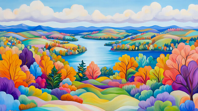 Vibrant, impressionistic landscape painting depicting winding river or lake amidst rolling hills covered in intensely colorful autumn foliage, under bright blue sky with fluffy white clouds, showcasin