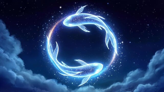 Pisces zodiac sign represented by two glowing koi fish swimming in circular motion. Celestial constellation concept in starry night sky. Lockdown shot.