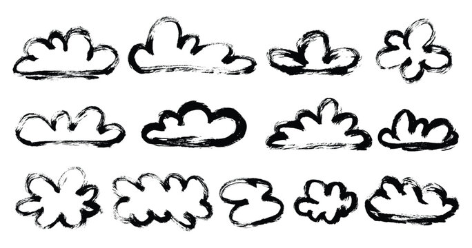 Grunge doodle clouds icon set. Hand drawn doodle chalk outline clouds set. Bold textured contour clouds collection. Vector paintbrush forecast symbols.
