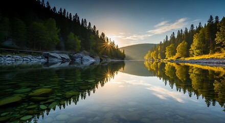 Naklejka premium Serene mountain lake at sunrise with golden reflection and misty forest landscape