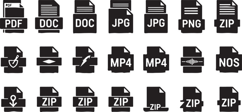 File type icons, file format symbols, document icons, 20 file extension graphics