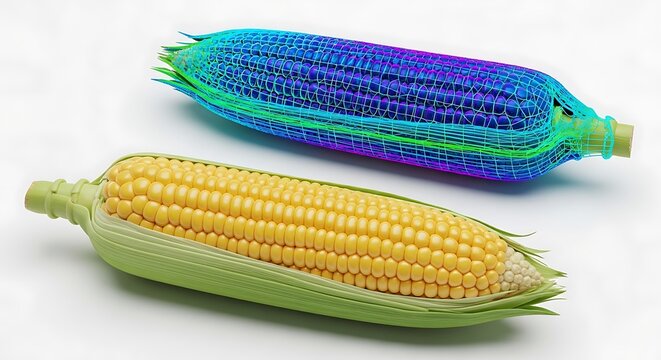 A colorful mesh bag and a fresh ear of corn on a white background