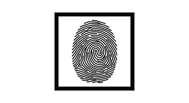 A black square frame contains a detailed fingerprint silhouette