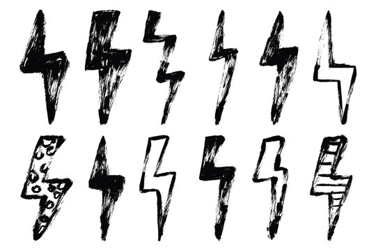 Grunge Flash Thunder Icons Set. Brush stroke lightning bolt collection. Distressed textured marker drawn electric bold signs. Vector chalk thunderbolts shapes.