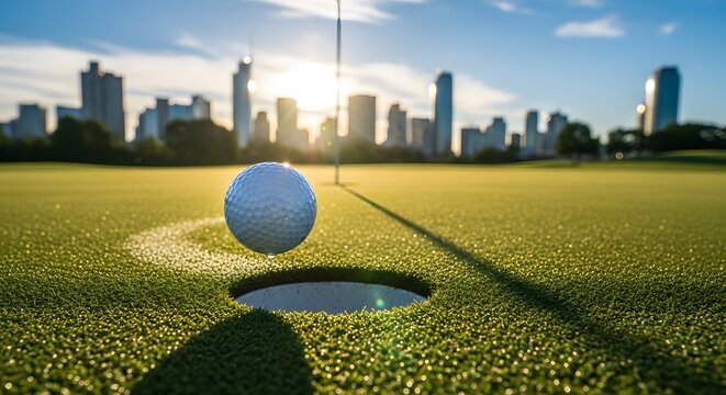 Golf ball hovering near hole on sunny green grass city skyline background