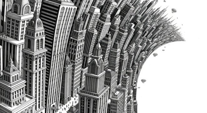 Abstract architectural rendering of stylized skyscrapers in monochrome