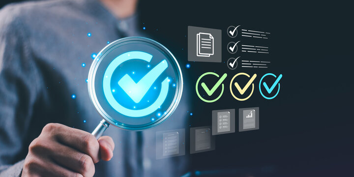 Quality auditor inspecting checklist and verifying compliance using digital tools, focusing on performance evaluation, and ensuring reliable and consistent business quality standards and operations.