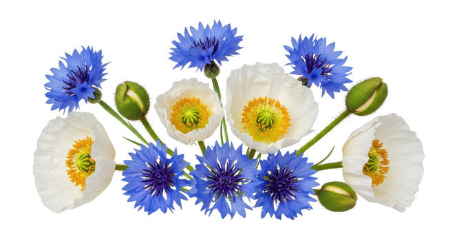 Vibrant wildflower bouquet with blue cornflowers and white poppies, summer floral arrangement, botanical garden blossoms for wedding design isolated PNG with Transparent Background