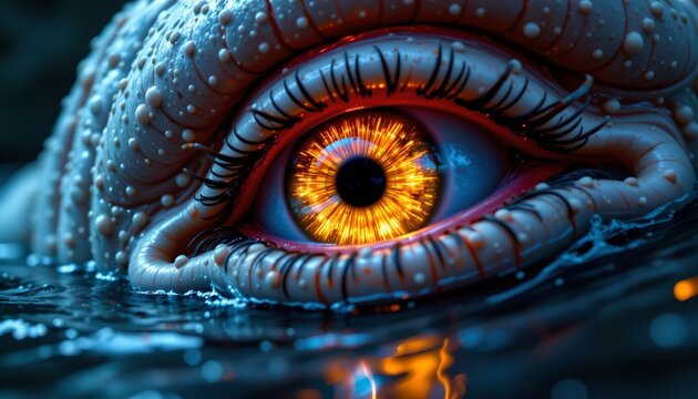 The image features a highly detailed, close up depiction of a large, human like eye with a glowing, fiery iris that radiates shades of orange and yellow