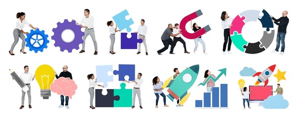 Fototapeta premium Teamwork collaboration puzzle success element set